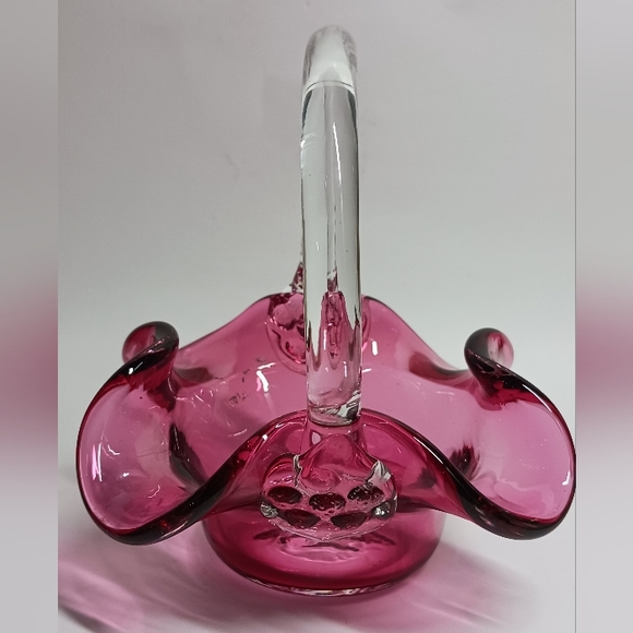 Hand Blown Pink Glass Basket with Clear Glass Handle Applied Flowers on Sides - Picture 2 of 3